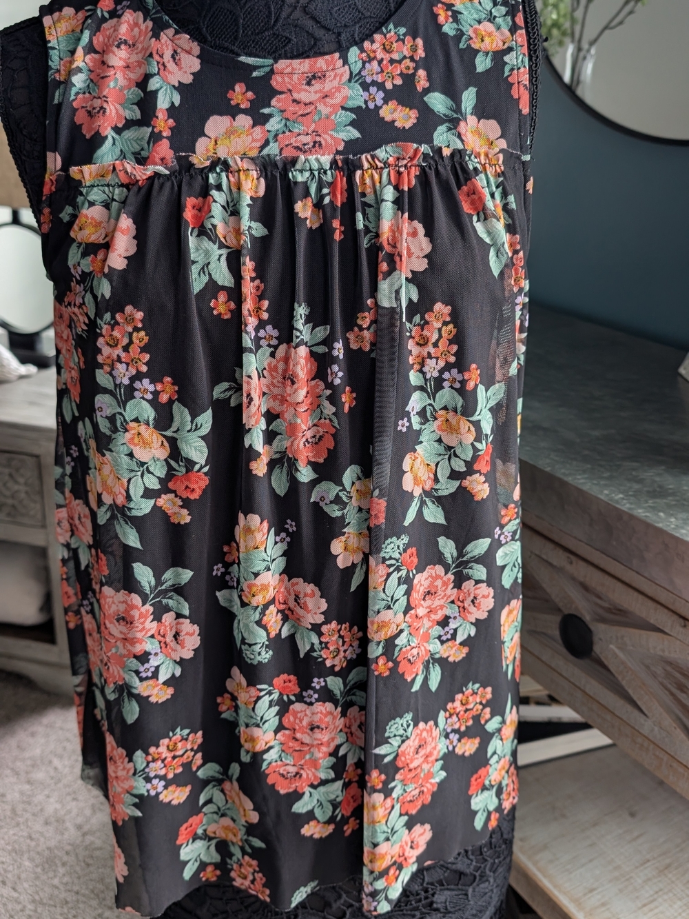 Women's Black Floral Tank with Coral Roses